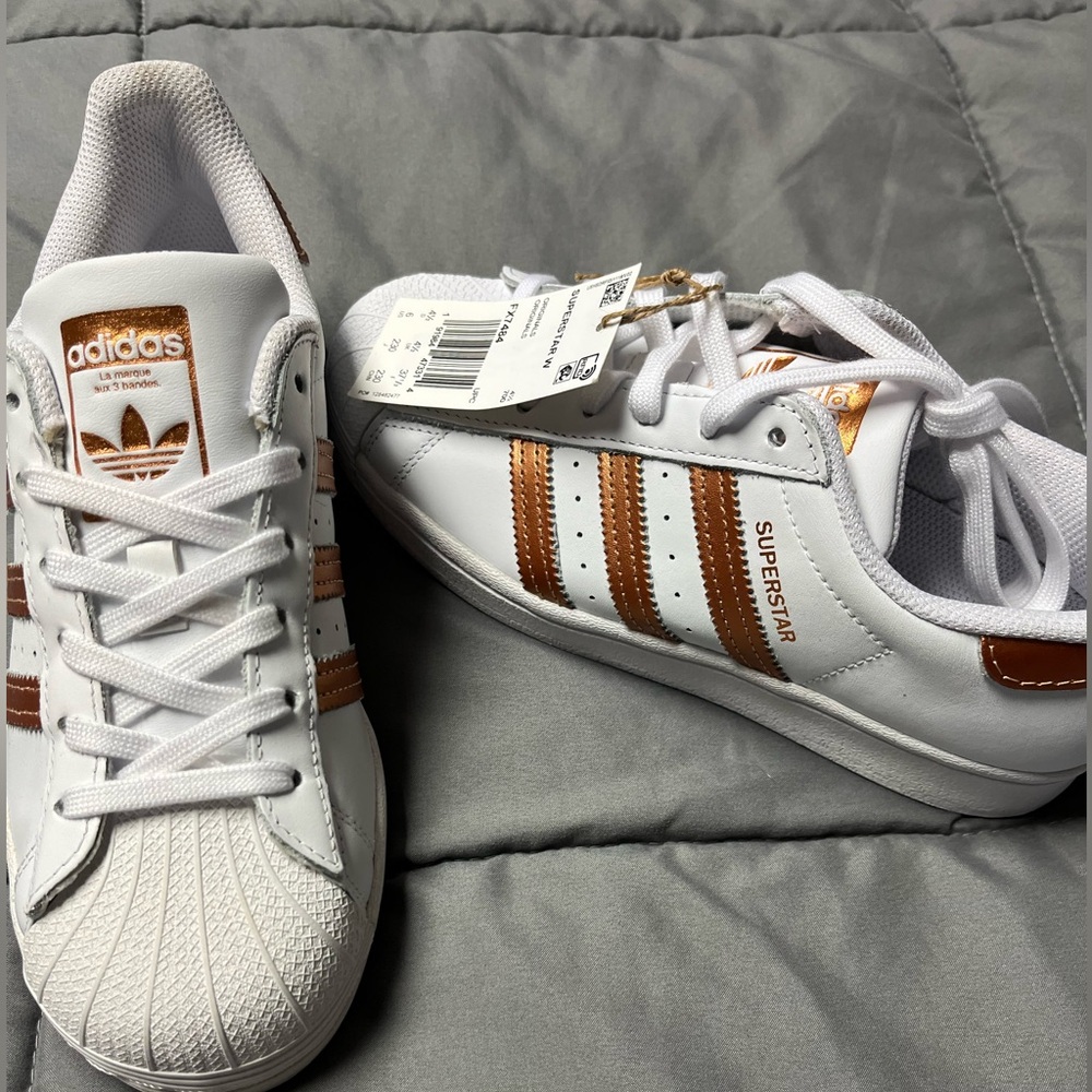 Adidas White and Bronze Superstar Shoes